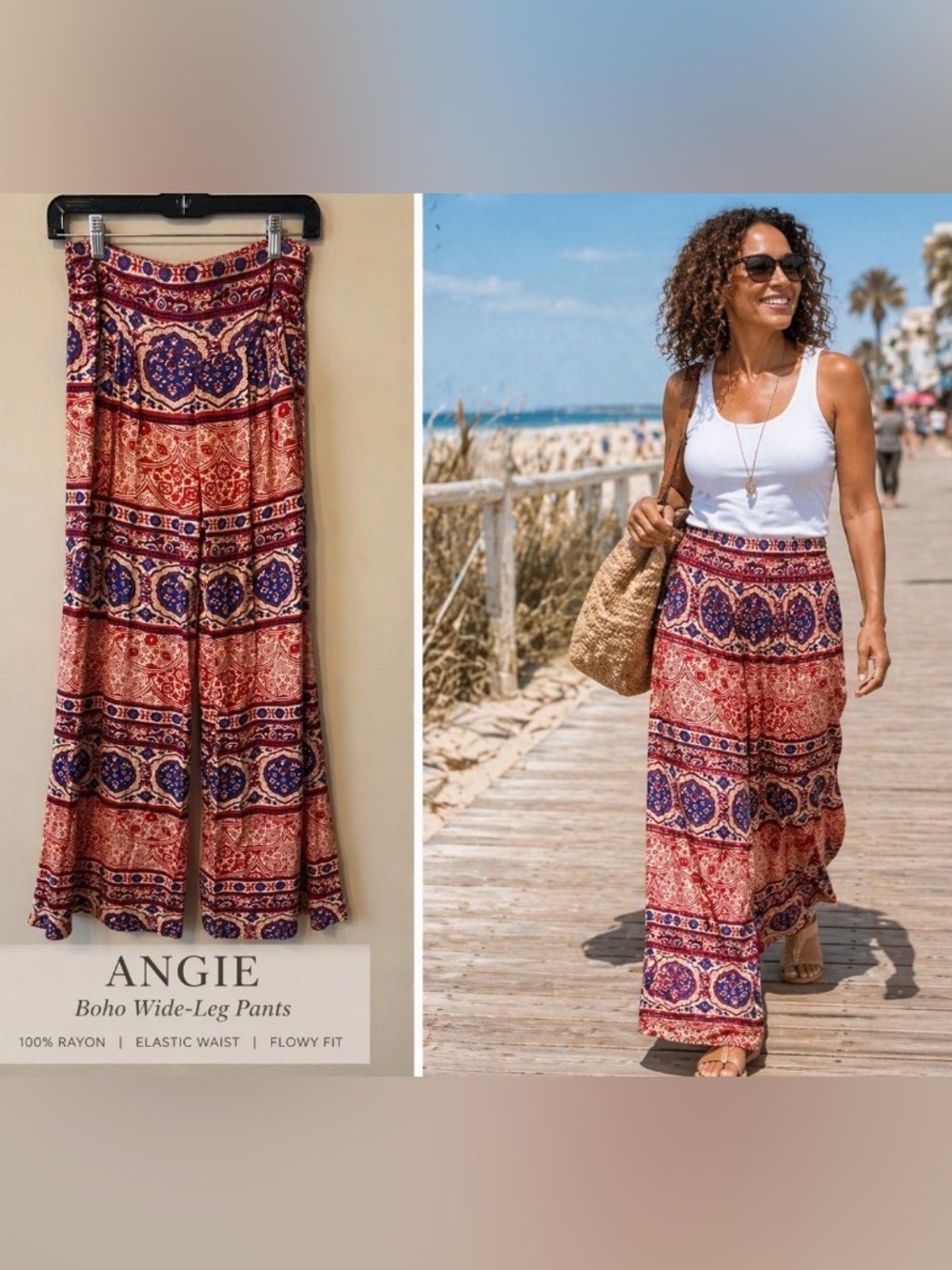 Angie Red and Purple Floral Boho Rayon Wide Leg Pants